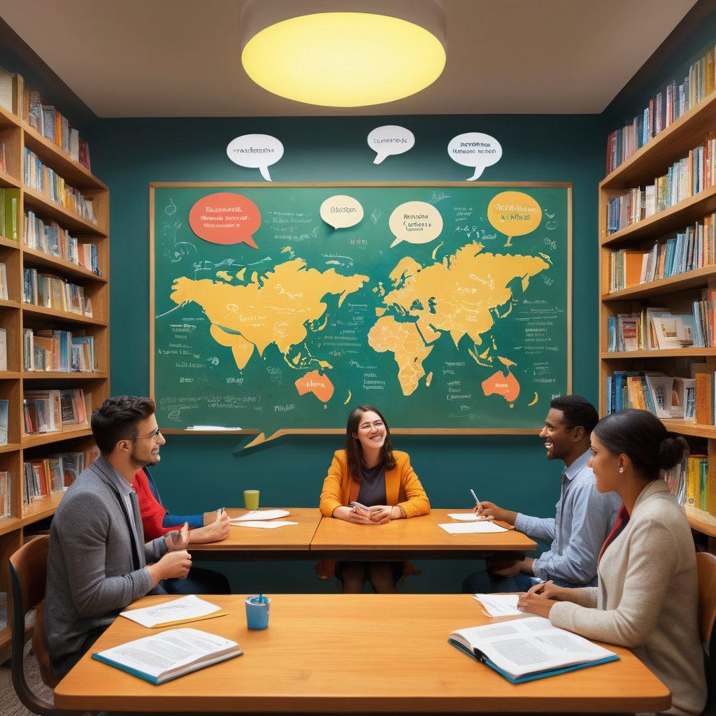 A diverse group of people engaged in a lively discussion, with speech bubbles representing different languages and grammar rules floating around them. The background features a vibrant classroom setting filled with books, a chalkboard, and visual representations of fluency concepts like flowing rivers and bridges connecting ideas. Emphasize warmth and connection among the individuals, showcasing collaboration. super-realistic. vibrant colors. classroom atmosphere.