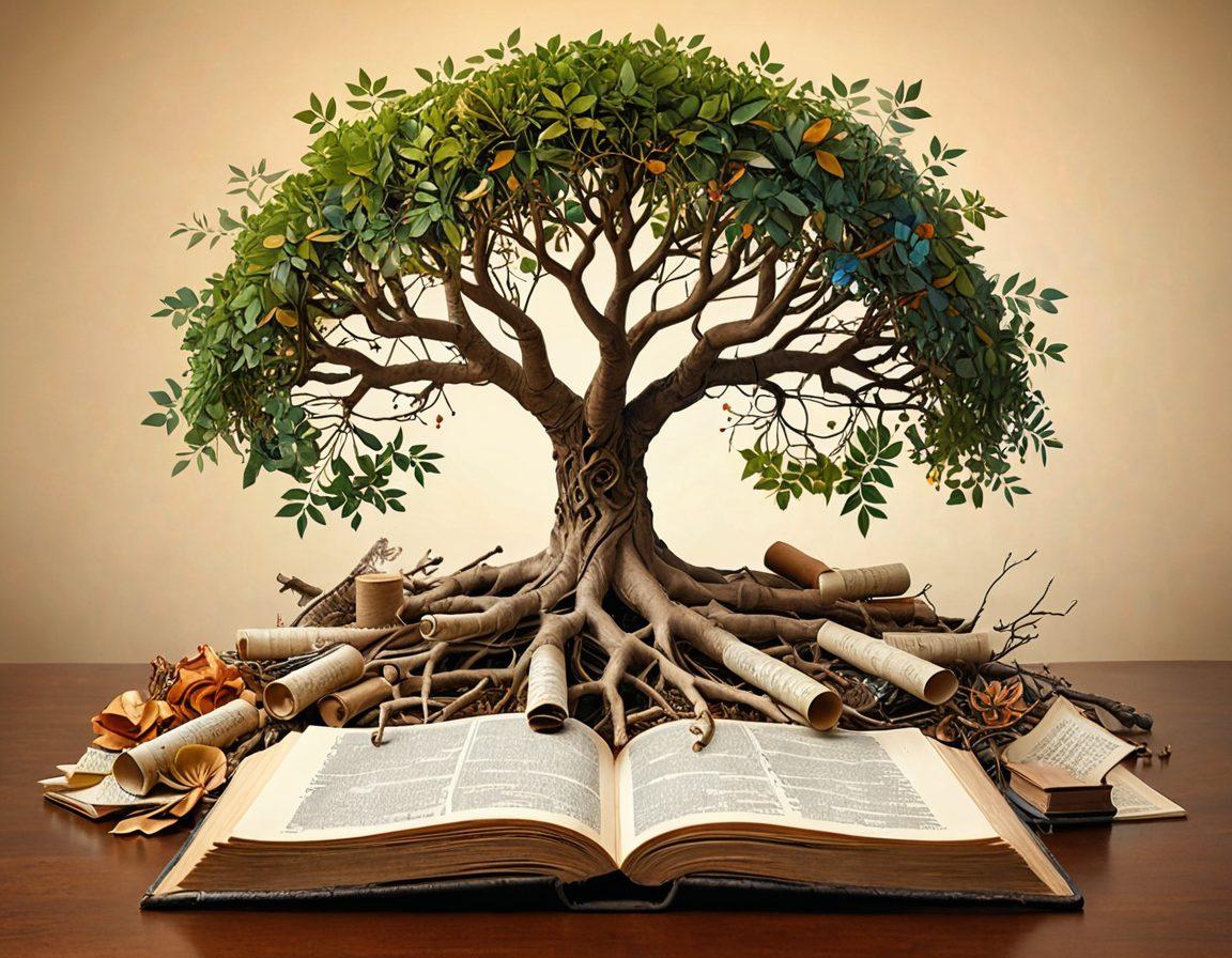 An intricate collage blending ancient scrolls and modern digital devices, showcasing the evolution of language. Include a tree of words sprouting from a book, with roots intertwining with a computer keyboard. Visual elements of etymology, dictionaries, and quills surrounding the scene. Soft lighting and a warm color palette enhance the intellectual ambience. super-realistic. vibrant colors.