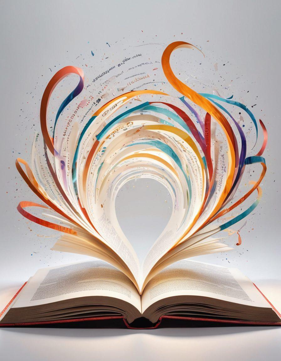 A captivating illustration of an open book with glowing letters and words swirling around it, symbolizing the power of language. In the background, a diverse group of people are engaged in conversation, showcasing the connection and impact of language. Include vibrant colors that evoke creativity and inspiration. super-realistic. vibrant colors. white background.
